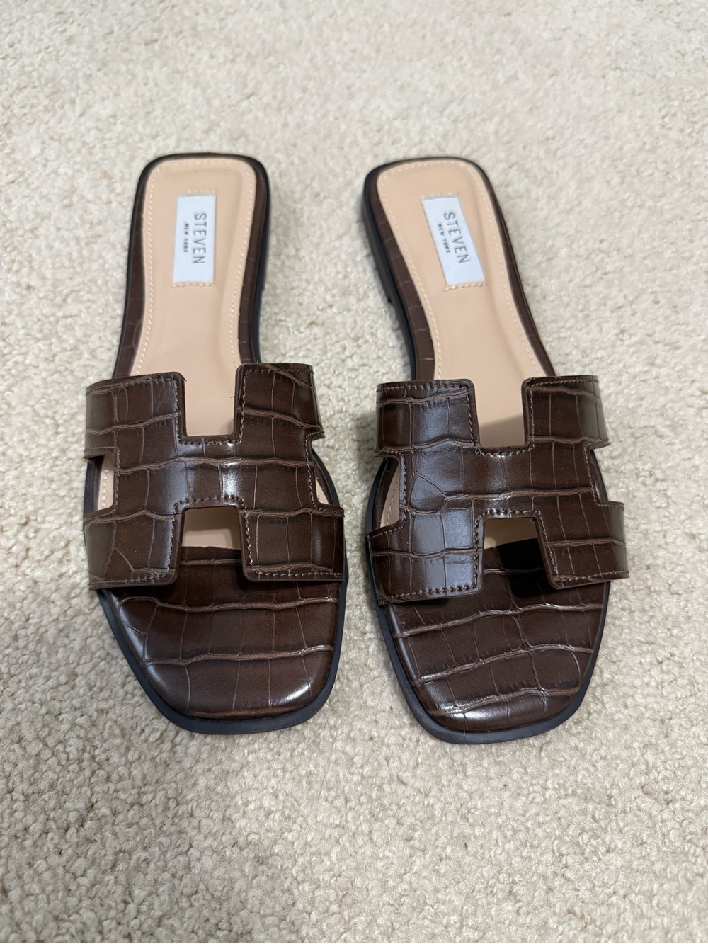 Steven By Steve Madden Brown Croc-Embossed Slide Sandals